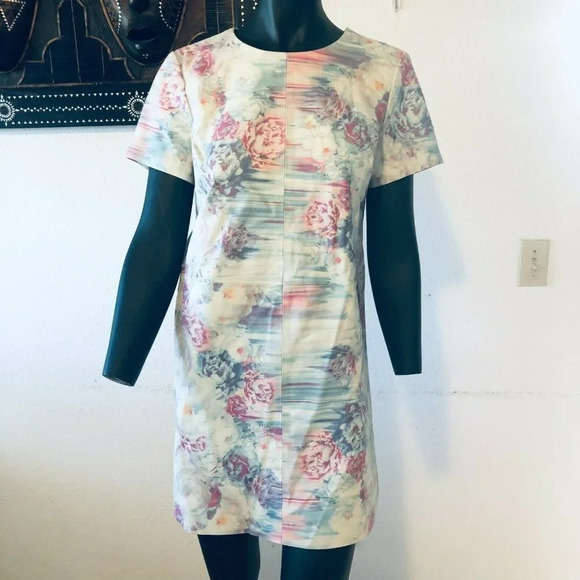 Asos 100% Leather Multicolor Floral Crew Neck Short Sleeves Mini Dress Size 8 - Picture 2 of 10